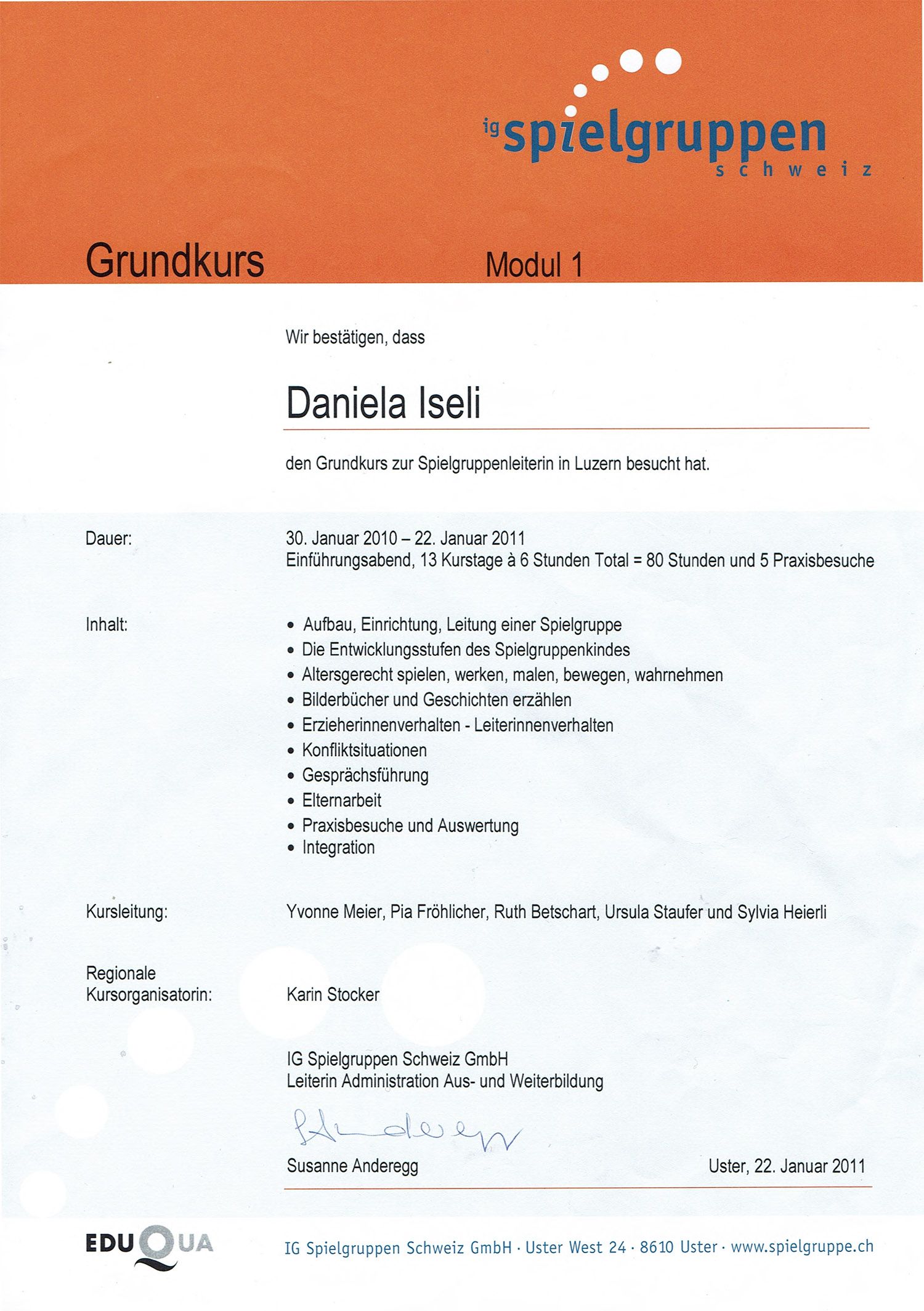 Zertifikat Spielgruppenleitung IG Schweiz